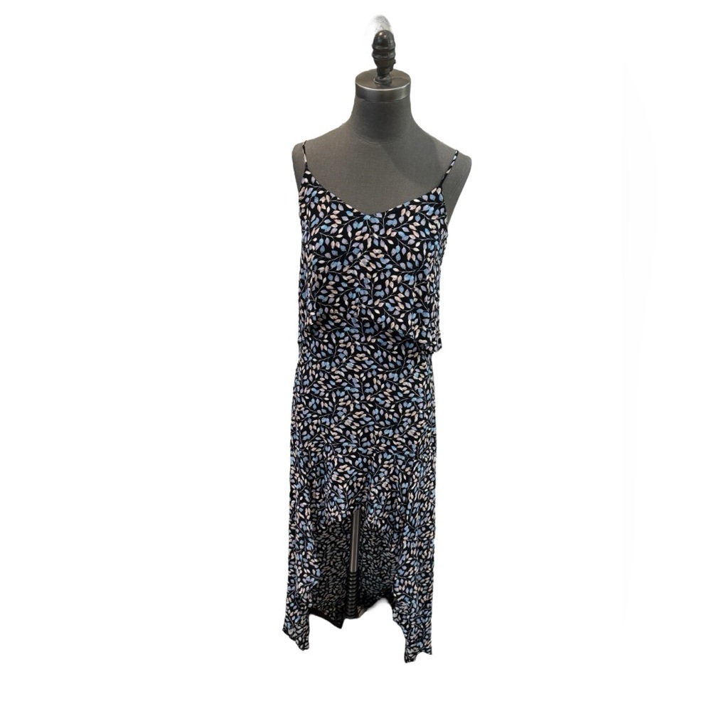 Intermix Layla Ruffled High Low Dress Navy Leaf Print Silk Small - Picture 3 of 12